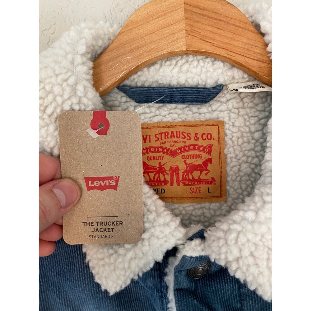 Levi's Corduroy Trucker Jacket Sherpa Lined Denim Coat Blue Size L - Picture 3 of 6